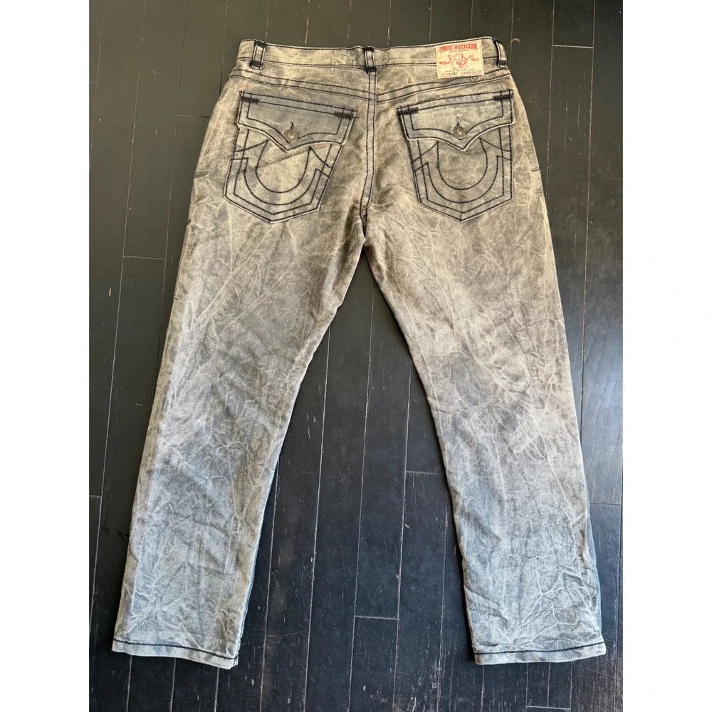 True Religion Joey Mens Gray Acid Wash Black Triple Stitch Jeans Size 40x33 USA